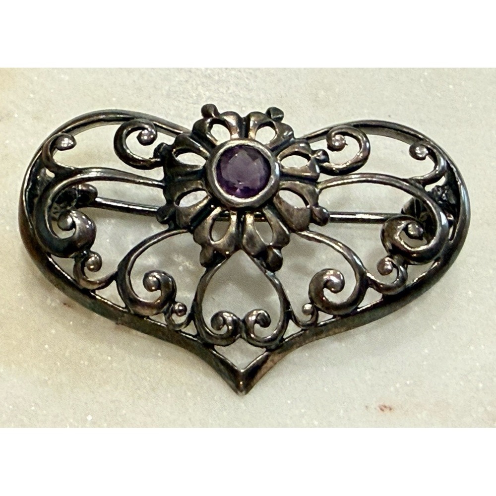 Vintage 925 Sterling Silver Amethyst Floral Heart Filigree Brooch Oxidize Signed